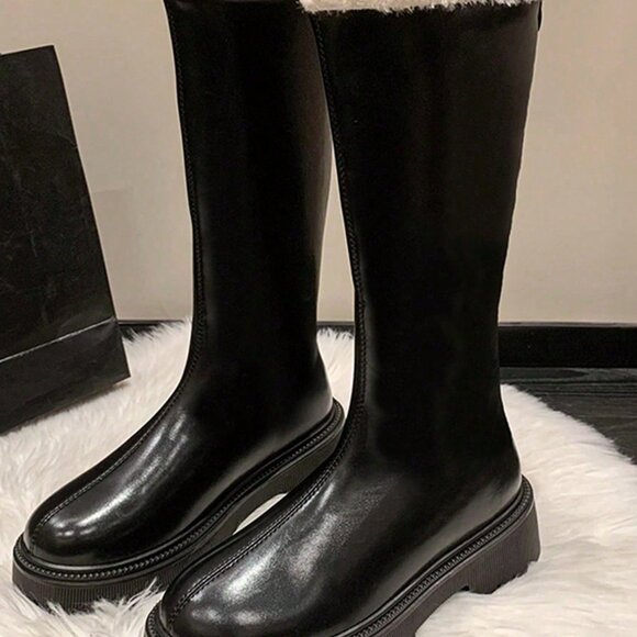 Black Casual Women's Elegant Faux Leather Knee High Snow Boots - Picture 4 of 5
